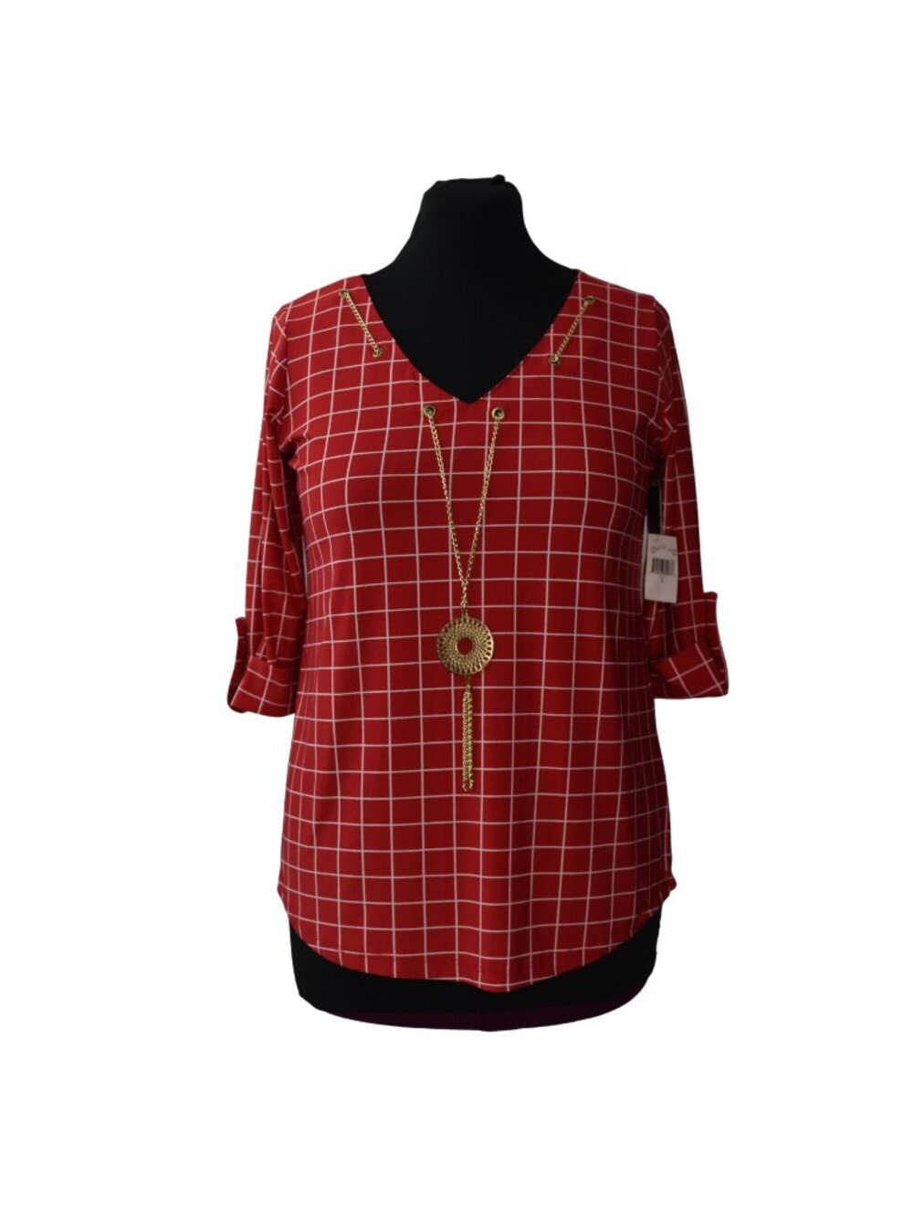 Love Nation Red Plaid Windowpane Blouse Womens L NWT Gold Necklace V Neck Top